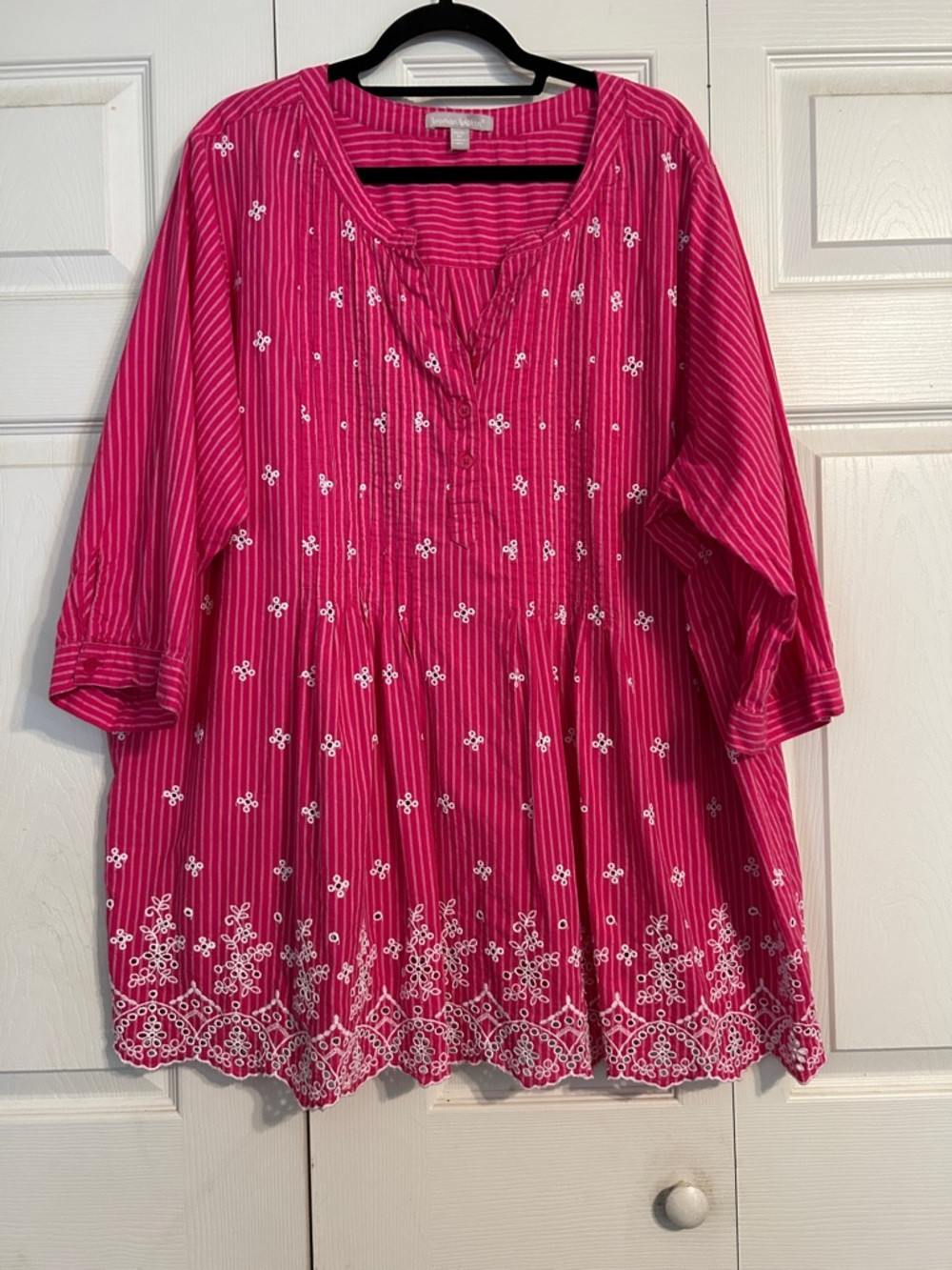 WOMAN WITHIN 26 28 2X Hot Pink Striped Embroidered Tunic Eyelet Lace Jewel Tone